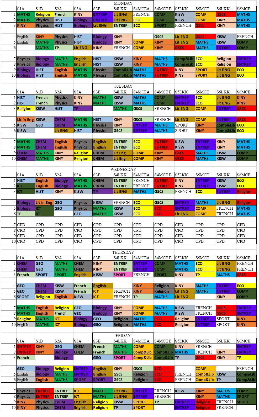 Timetable of lessons in ESGikonko